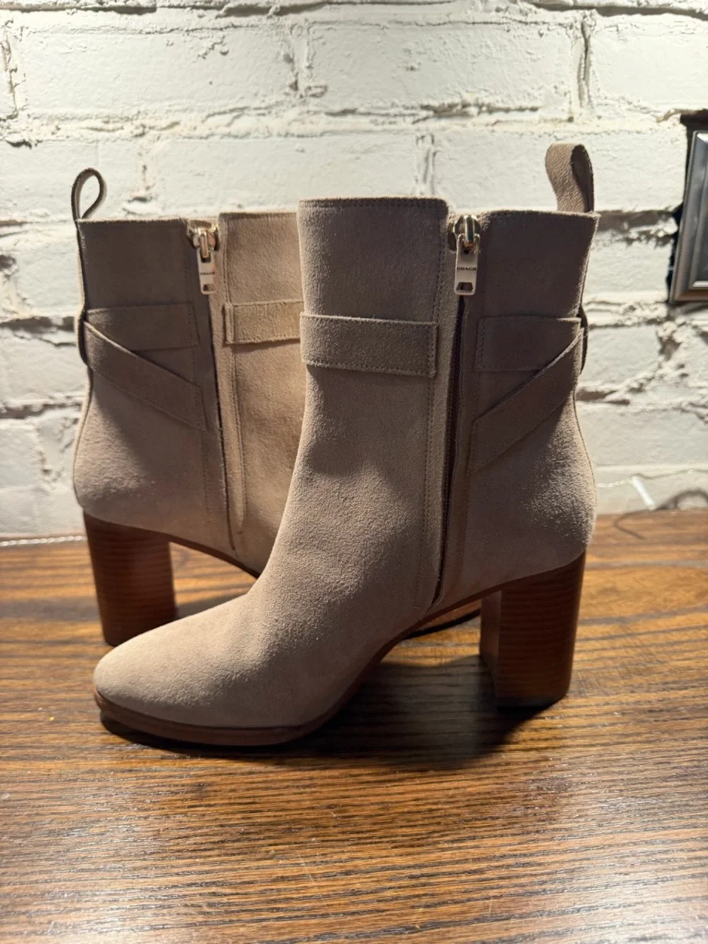 Coach Taupe Suede Ankle Booties with Buckle Charm - Picture 12 of 14